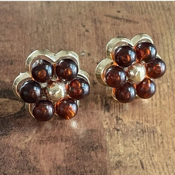 Vintage Coro Earrings Amber Lucite Floral Gold Tone Chunky Clip Signed Flower - Picture 7 of 15